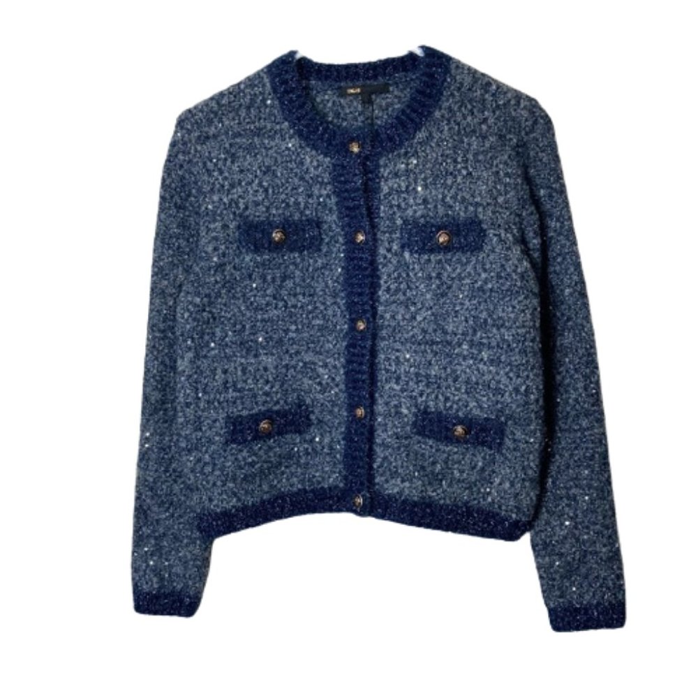 Maje Navy Blue Textured Knit Cardigan with Contrast Trim
